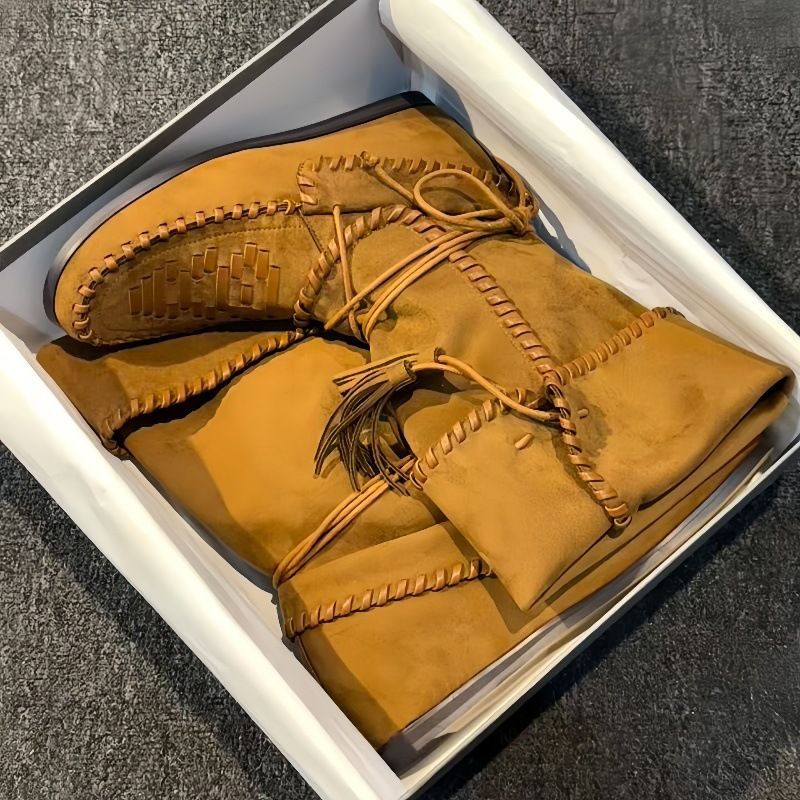 2025 Autumn Winter Bohemian Style Western Cowboy Mid-Calf Slimming Lace-Up Foldable Slouch Women's Boxing Boots_voghion.com