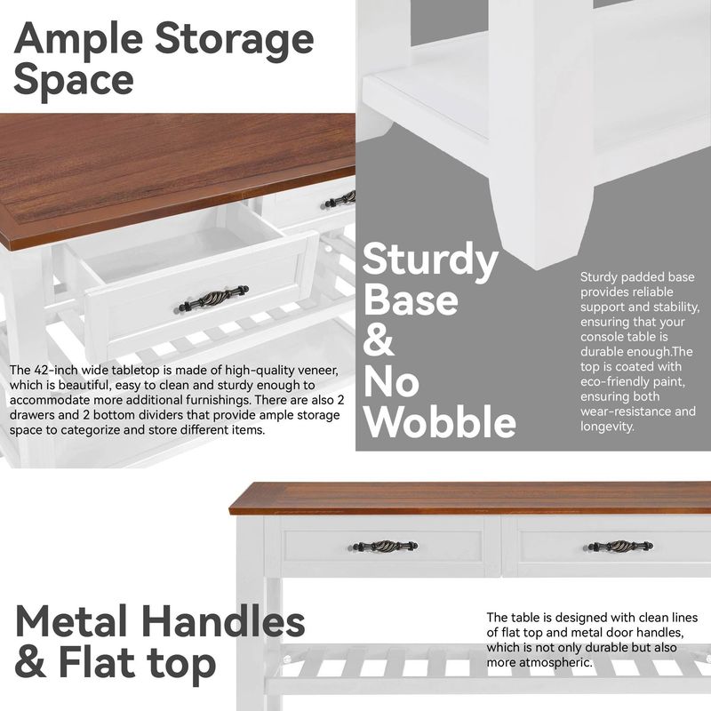 Retro Design Console Table With Two Open Shelves, Pine Solid Wood Frame And Legs For Living Room_voghion.com