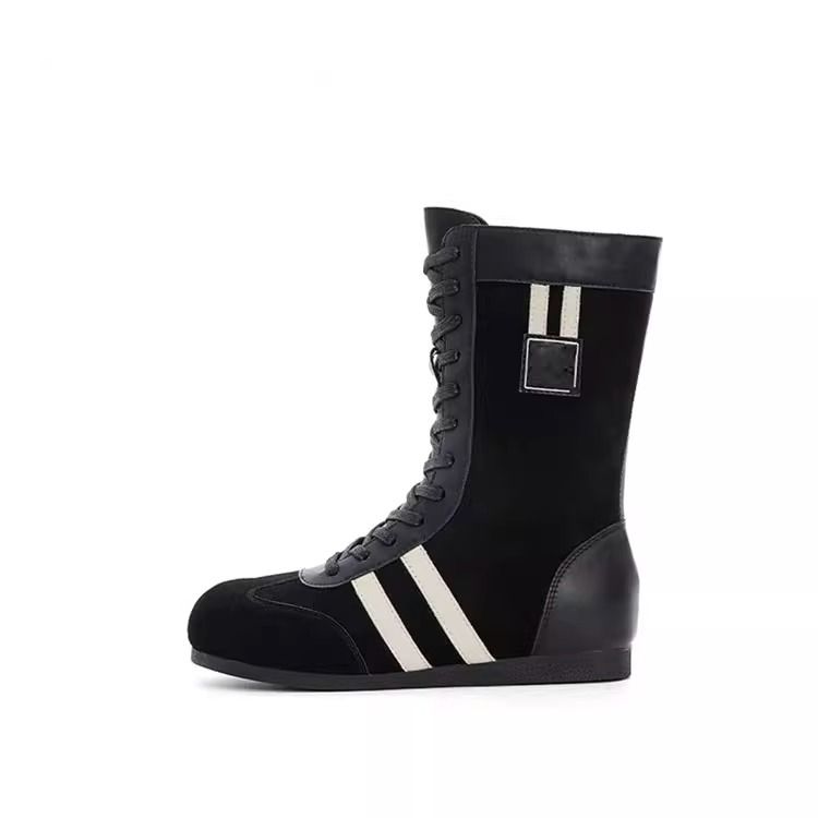 Cowhide Version~ Flat Inner Height Increasing Boxing For Women, New Round Toe Martin Lace-up Mid-calf Boots, Short Boots_voghion.com