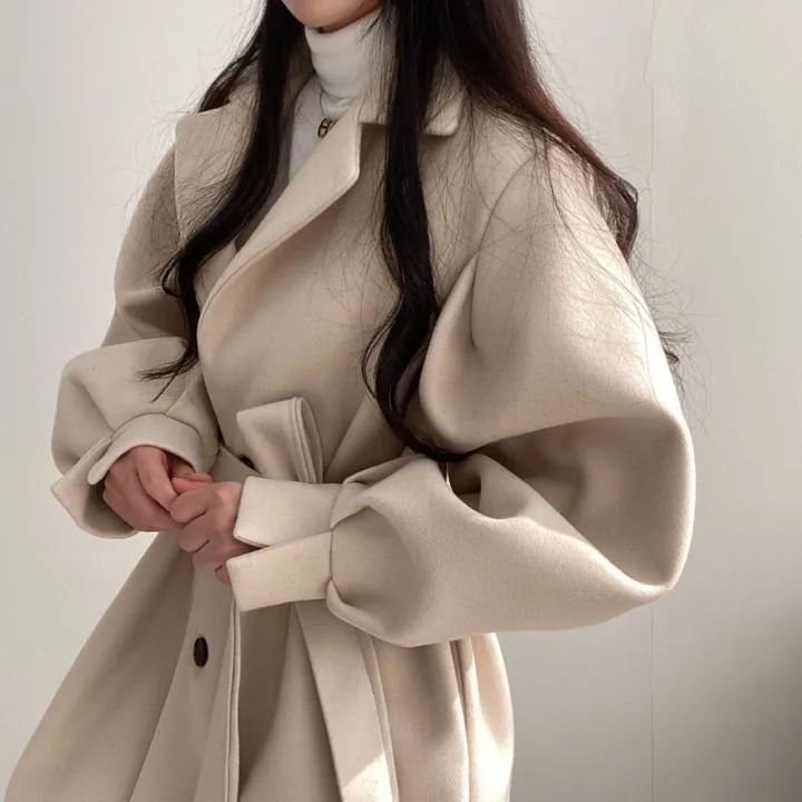 Women's Chic Oversized Wool Coat With Notched Lapel - Mid-Length Trench Coat For Petite & Tall - Fall Winter Fashion Blazer Jacket In Black & Beige_voghion.com