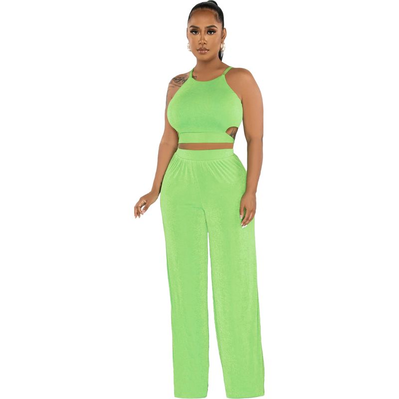 Women's clothing Halter cross strap solid color wide-leg pants two-piece set _voghion.com
