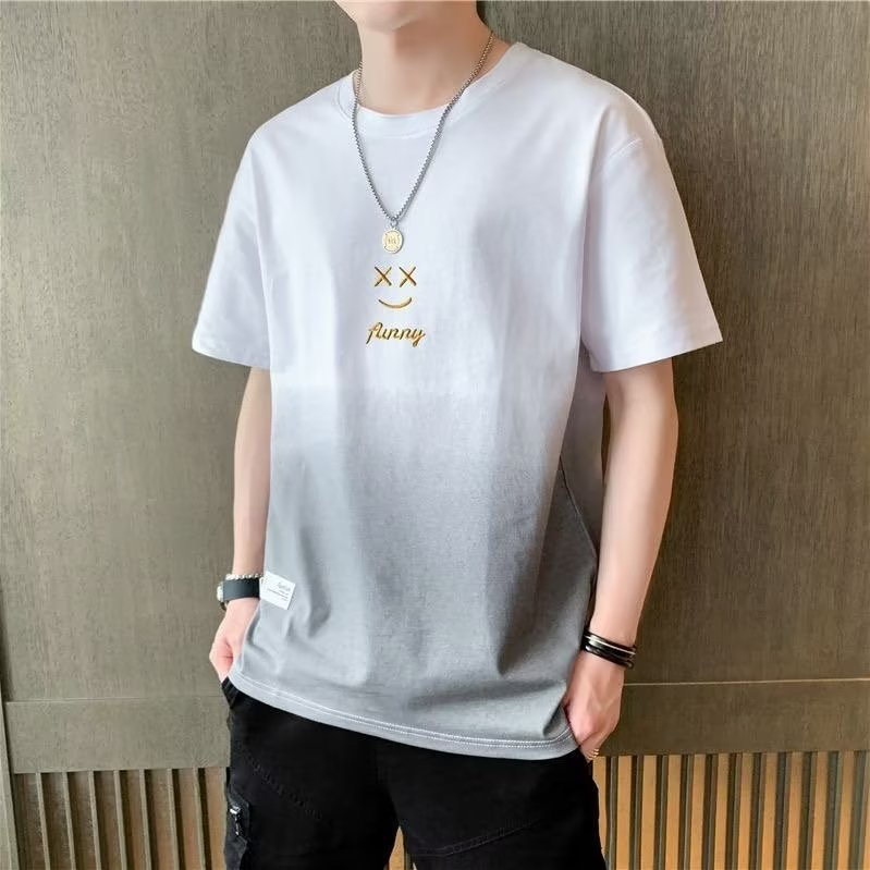 Gradient Color Smiley Face Short Sleeve T-Shirt Men 2023 Summer Trendy Brand Half Sleeve Design Sense Niche Cool Breathable T-Shirt_voghion.com