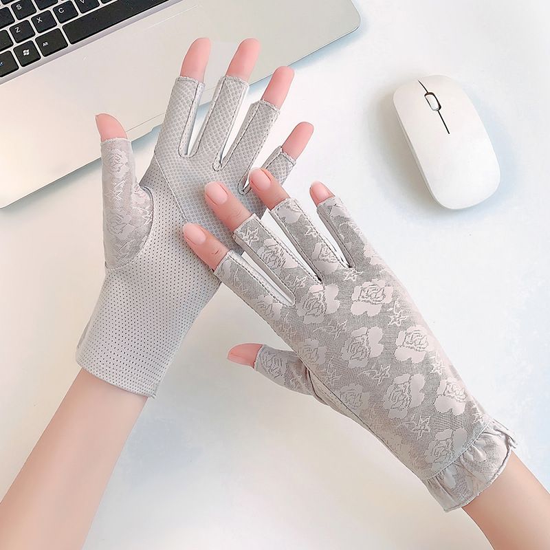 Damen Sommer Sonnencreme Spitze Blumen Fahren Radfahren Atmungsaktive Halbfingerhandschuhe Dünne Mesh Ice Silk Touchscreen_voghion.com