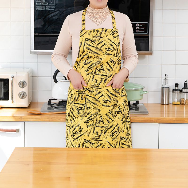 Hanging Neck Printed Geometric Figure Washed Cotton Housework Cafe Work Clothes Apron Overalls_voghion.com
