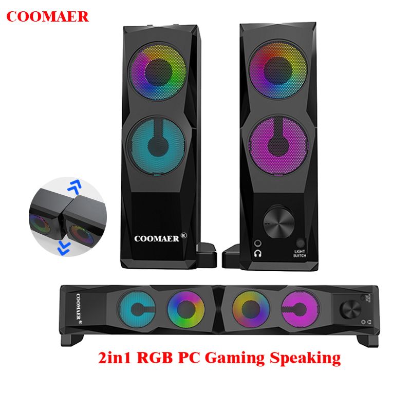 COOMAER 2in1 PC Gaming Speakers Anvil Aux 3.5mm USB Stereo 2.0 Subwoofer Soundbar For Laptop Smartphones Desktop_voghion.com