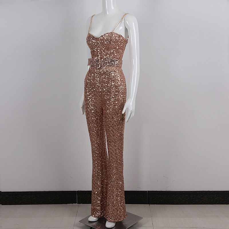 Roupas femininas estilo quente resistente brilhante ouro lantejoulas suspensório macacão europeu e americano moda celebridade festa banquete vestido_voghion.com