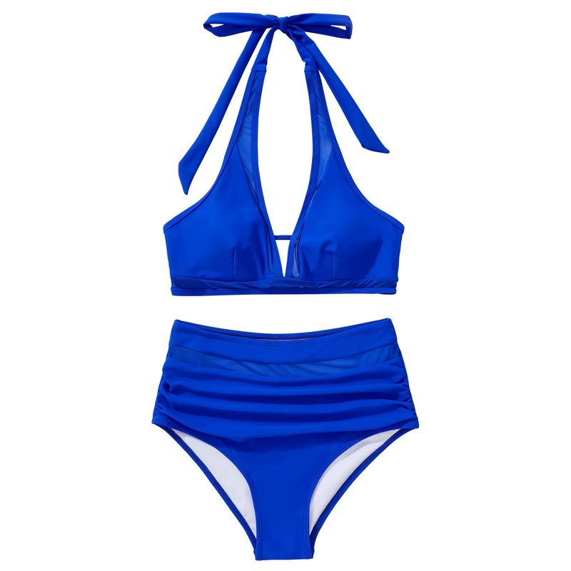 Maillot de bain une pièce sexy ajouré couleur unie, maillot de bain une pièce en maille épissée, taille haute, décolleté plongeant_voghion.com