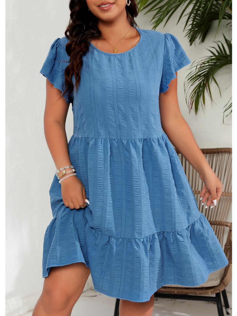 Women's Clothing Large Size Round Neck Lotus Leaf Sleeve Waist Holiday Leisure Temperament Dress_voghion.com