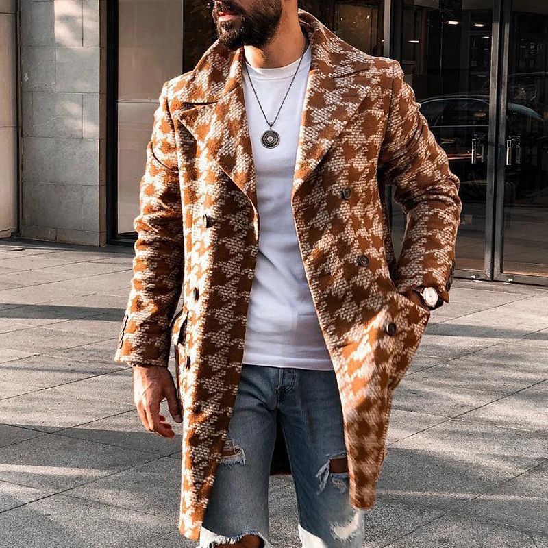 Casaco masculino estampado de comprimento médio com gola de terno de inverno_voghion.com
