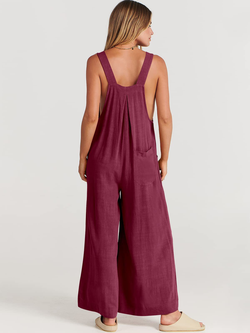 Women's clothing solid color loose casual cotton and linen overalls jumpsuit_voghion.com