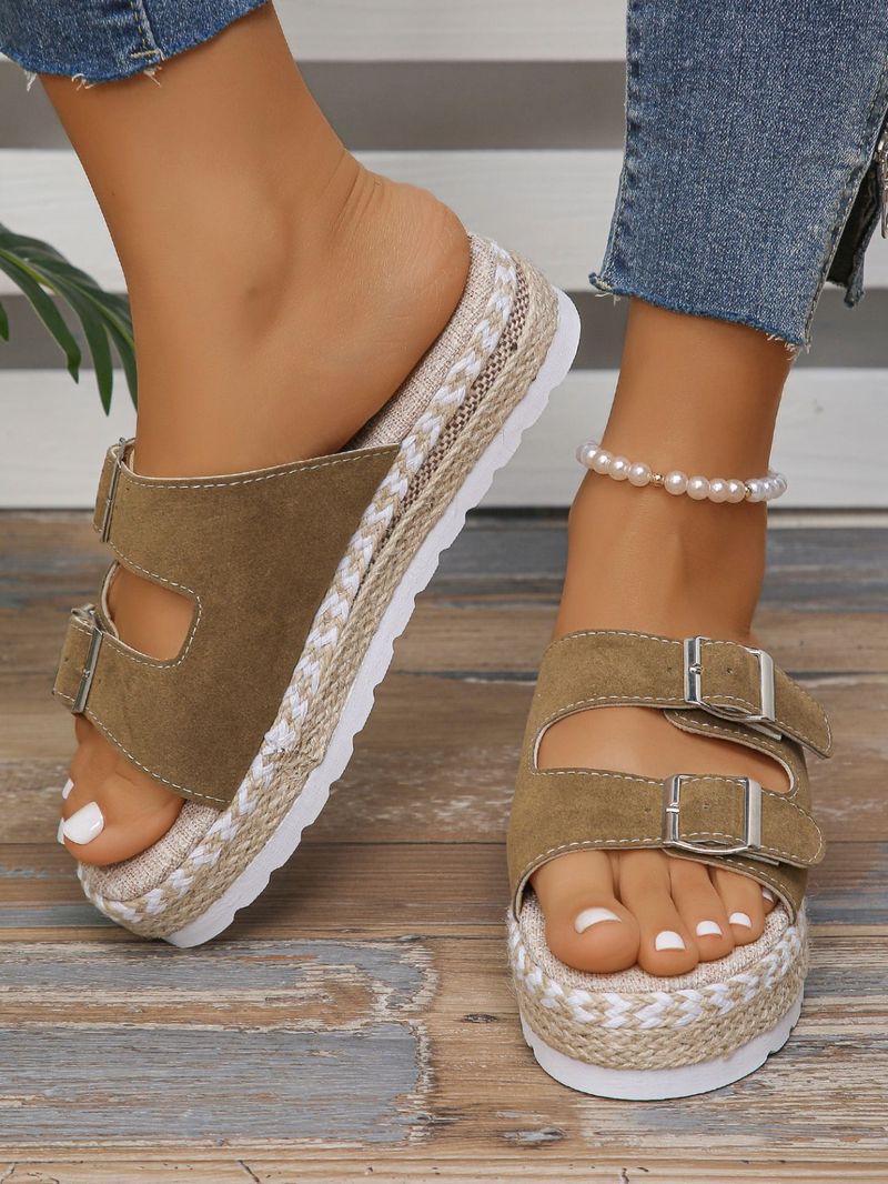 Dammeschuhe Grouss Gréisst Gürtelschnalle Pantoffelen fir dobaussen am Summer Retro Déckt Ënner Seel Faul Casual Sandalen_voghion.com