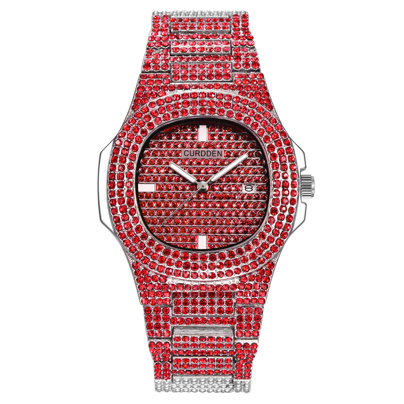 Orologio da uomo di lusso al quarzo con diamanti e data - Quadrante quadrato alla moda con cinturino in acciaio inossidabile, resistente all'acqua, funzione calendario (misure dalla 7 alla 11)_voghion.com