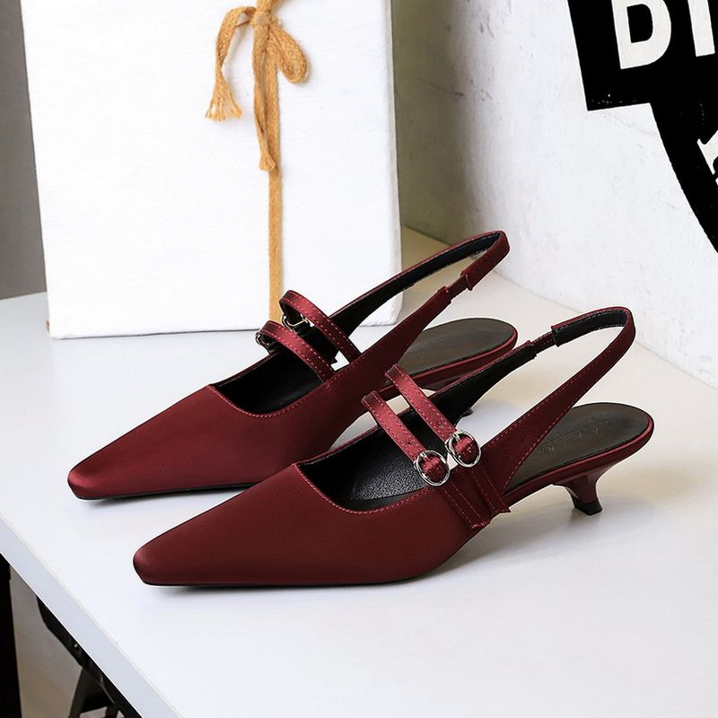 Pointed One-word Strap Empty Shoes Rear Strap Low-heeled Single Shoes Light-mouth Wine Glass And Satin Women's Shoes_voghion.com