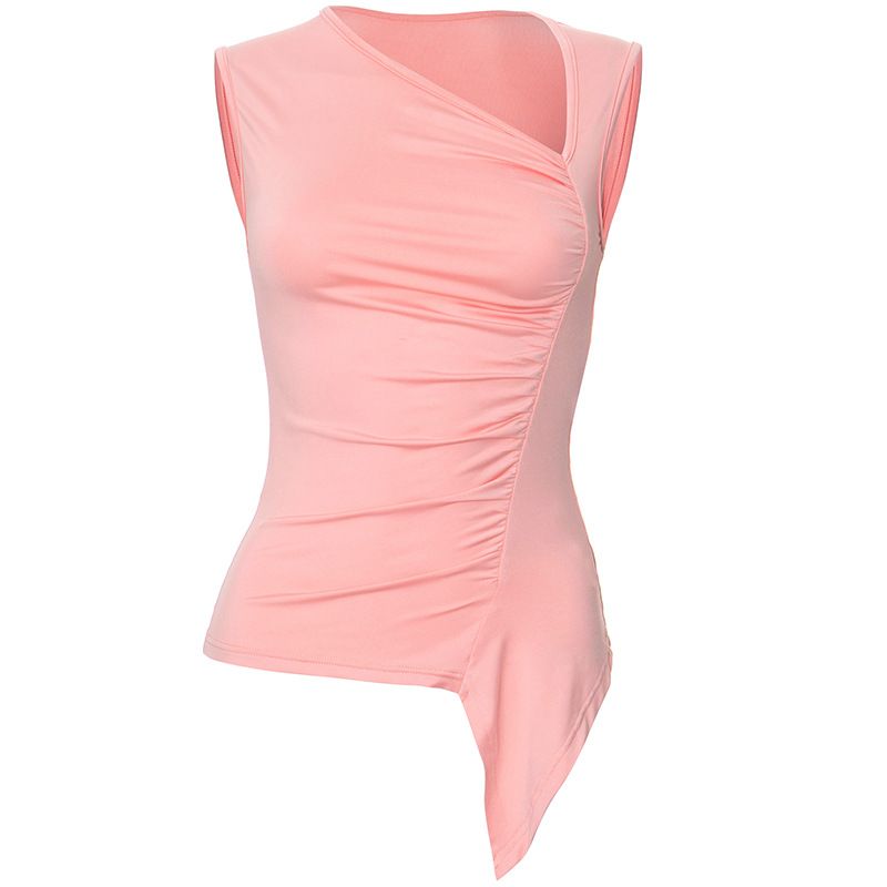 Q24TP352 Women's Summer New Item Solid Color Sleeveless Irregular Sexy Pleated T-shirt Top_voghion.com