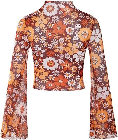 Top corto da donna con maniche a campana in rete floreale, colletto arricciato e orlo a lattuga_voghion.com