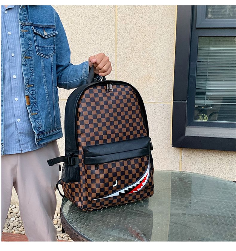 Mochila de viaje a cuadros para hombre, moderna y versátil, de cuero, para la escuela y la computadora._voghion.com