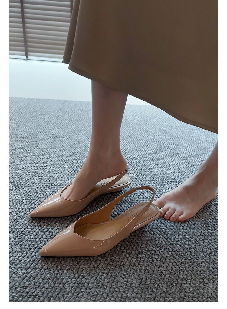 Lancui Nude Wedge Half Slippers For Women Summer Outdoor Patent Leather Chunky Heel Closed Toe Sandals Slim Pointed High_voghion.com