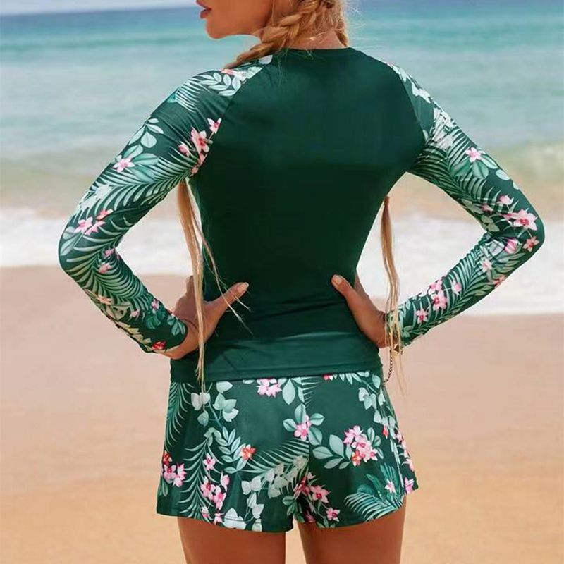 Women's Clothing Color Matching Surfing Diving Holiday Swimsuit Multi Color Printing Long Sleeved Sunscreen Split Swimsuit_voghion.com