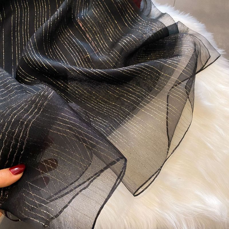 Sciarpa a righe dorate con diamanti per unghie sottili, edizione coreana, versatile, in seta, tinta unita, con aria condizionata_voghion.com