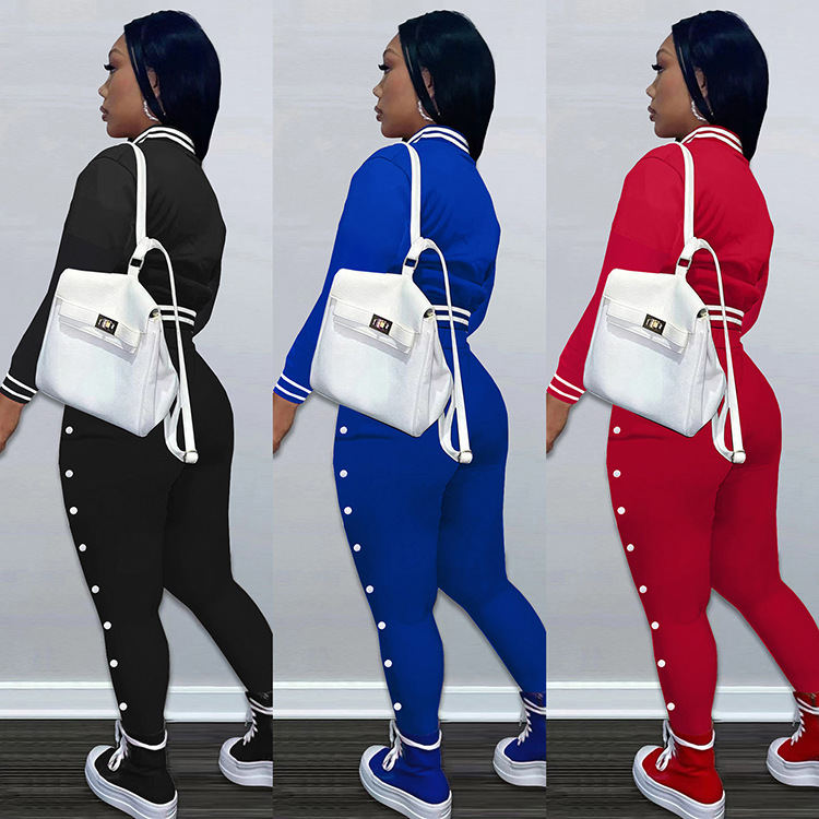 Women's solid color baseball two-piece blazer with breasted pockets_voghion.com