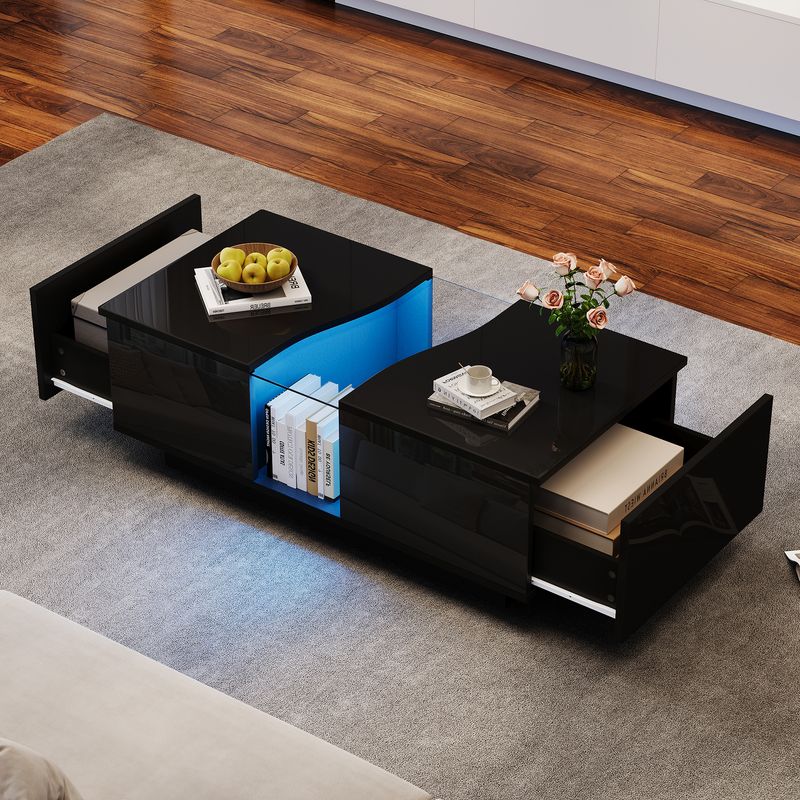 Table basse moderne à LED avec 2 tiroirs, 100 x 50 x 35 cm, plateau en acrylique noir brillant avec éclairage LED, table d'appoint en MDF pour salon et chambre._voghion.com