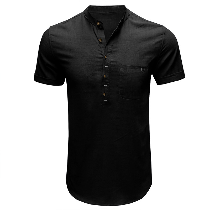 Camicia uomo manica corta tinta unita collo Henry, camicia da uomo in cotone e lino_voghion.com