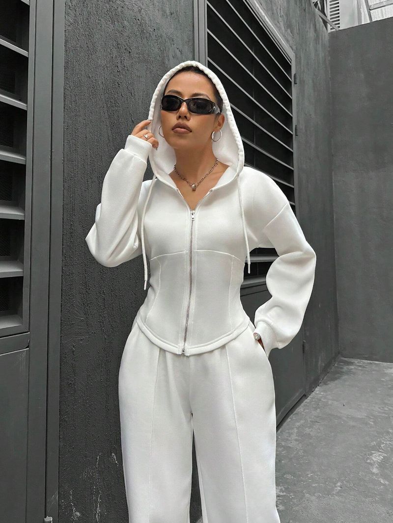 Set coordinati da donna casual due pezzi, ampio, con cappuccio, maniche lunghe, cerniera, vita elasticizzata, pantaloni larghi, tuta da jogging_voghion.com