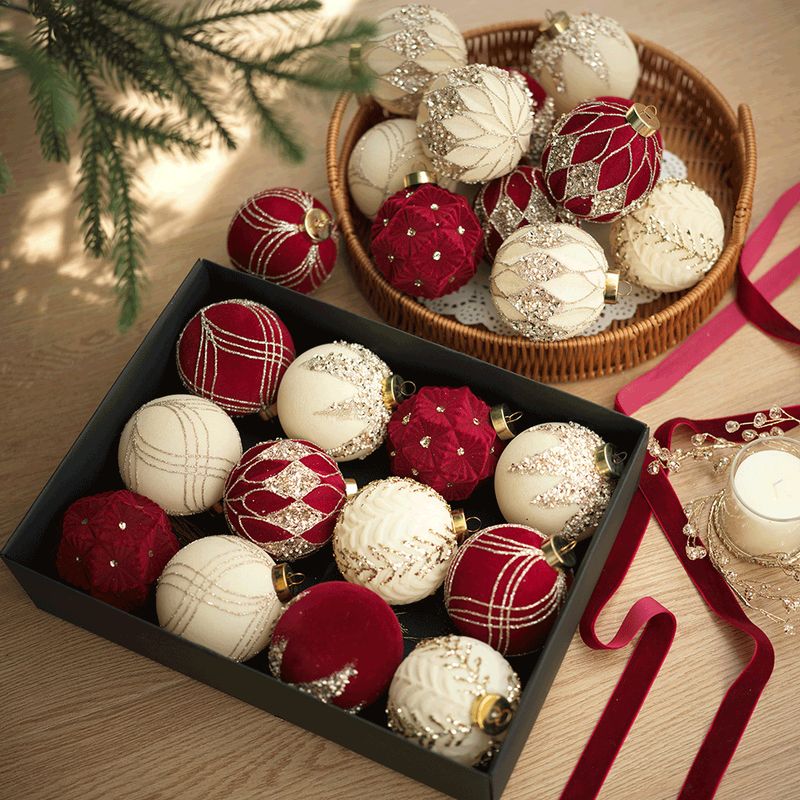 Christmas Flocking Ball Wrapped Ball Special Shaped Ball Tree Pendant White Wool Ball Decoration Box Set_voghion.com