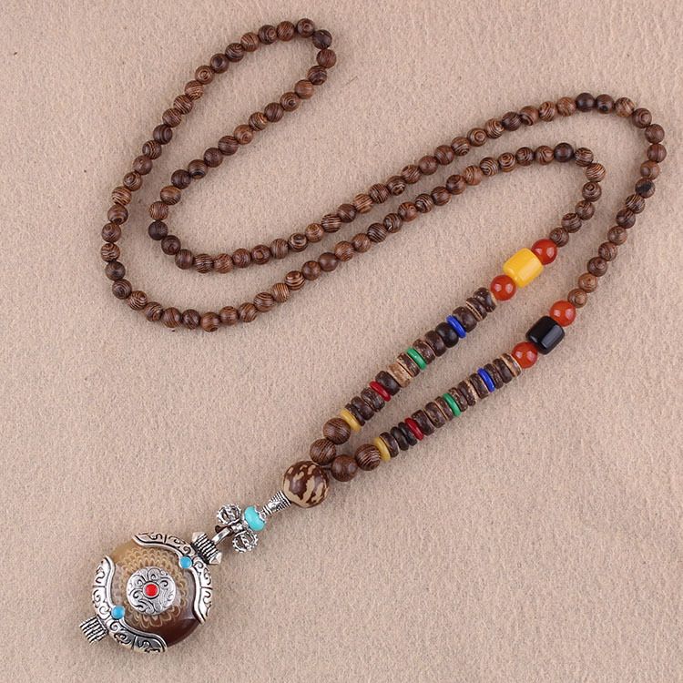 Collana lunga per maglione in stile etnico, ciondolo Bodhi, collana con perline di legno, accessori con ciondolo in cotone e lino per uomo e donna_voghion.com
