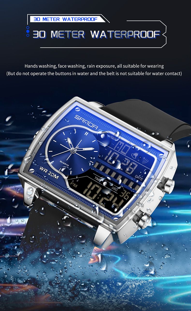 Multifunctional Digital Analog Quartz Watch With Alarm, Stopwatch, Waterproof & Night Light - Stylish Unisex Design Alarm Clock Square Watch_voghion.com