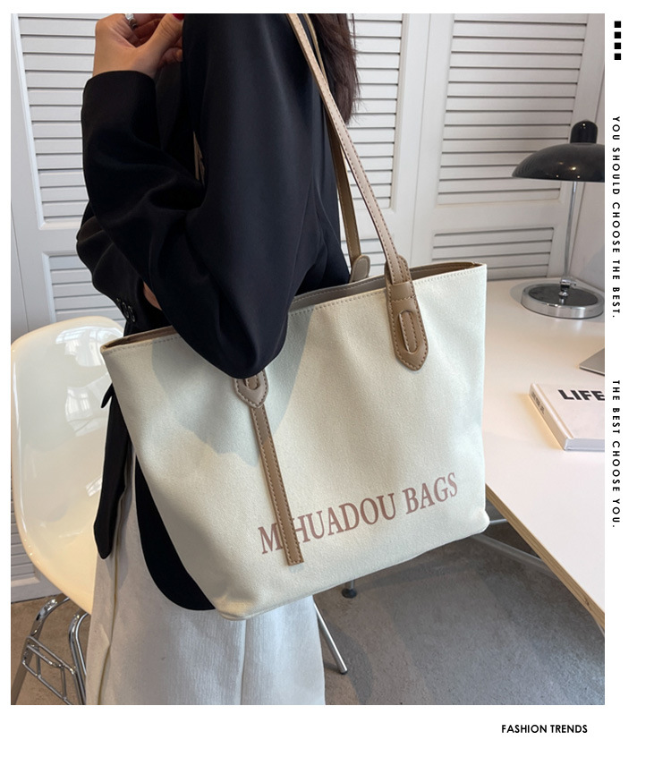 Canvas Große Damen 2023 Neue Mode Pendler Umhängetasche Einfarbig Brief Stil Urban Einfache Einkaufstasche_voghion.com