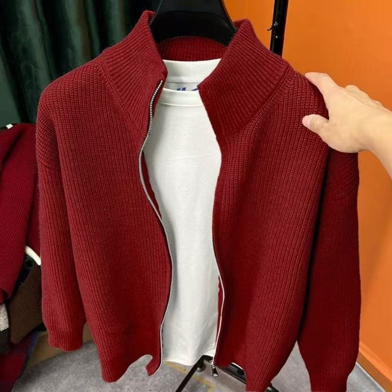 Cárdigan unisex con cremallera y cuello alto ajustado (negro, gris, albaricoque y rojo)_voghion.com
