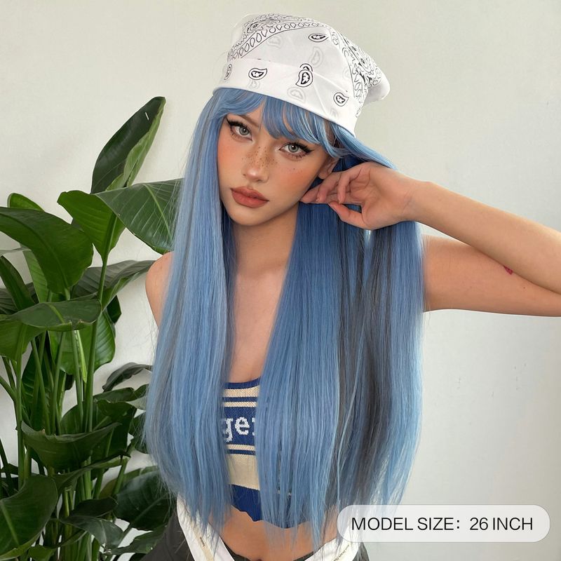 Parrucca sintetica lunga e dritta blu con meches cenere, parrucca cosplay con frangia, capelli naturali quotidiani per donne, fibra resistente al calore_voghion.com