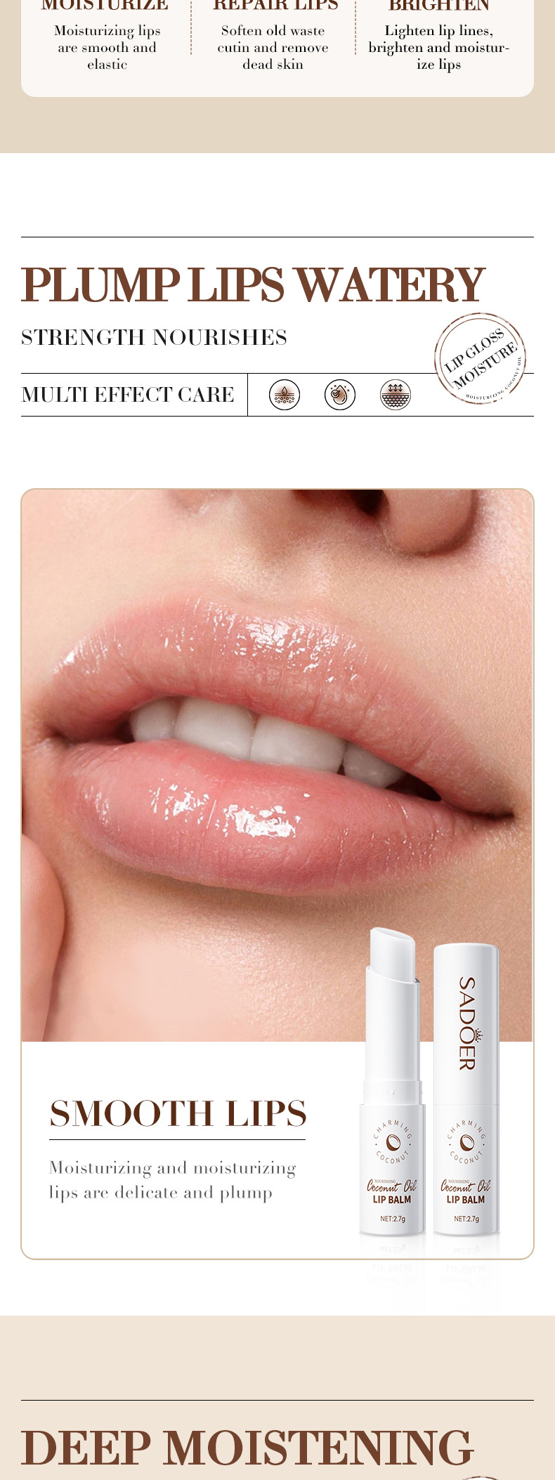 Lápiz labial SADOER All Coconut Cuidado de lápiz labial hidratante y humectante_voghion.com