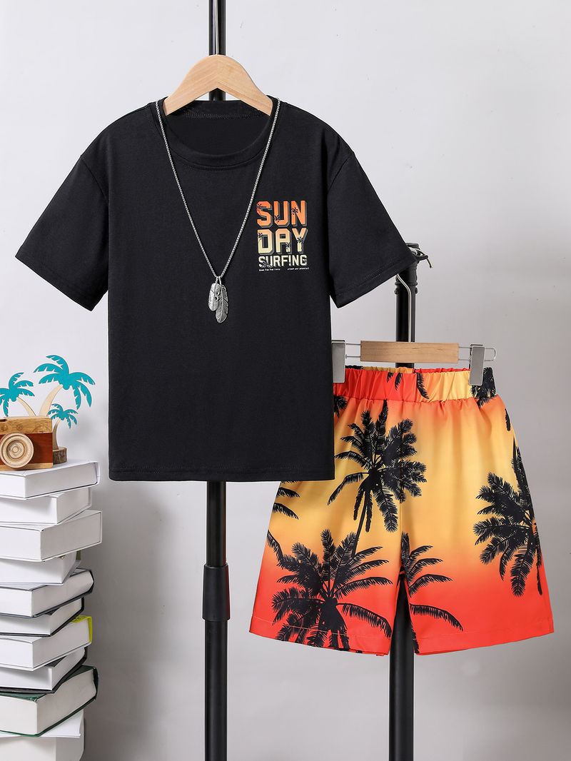 Mutter & Kinder kinder set cartoon coconut baum muster einfache junge kurzarm shorts zwei-stück mode_voghion.com