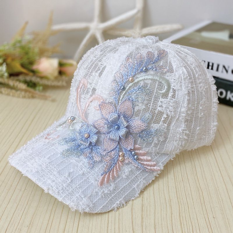 Cappello da baseball estivo in pizzo sottile da donna con fiori ricamati, traspirante, alla moda coreana, con protezione solare_voghion.com