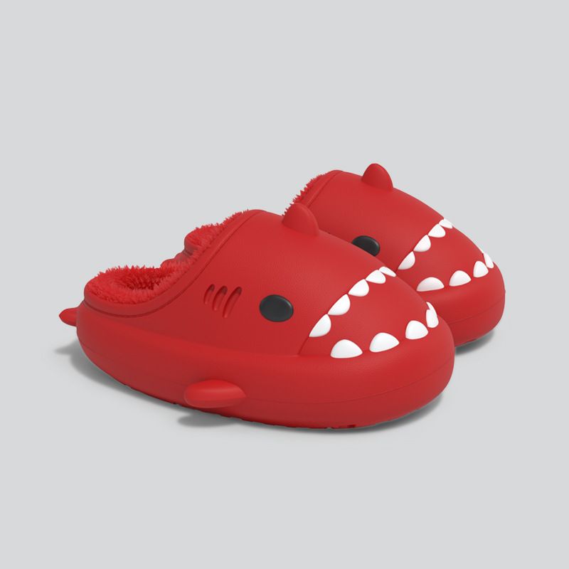 MTX Couple Shark Femmes Hiver EVA Semelle Souple Doublé Polaire Chaud Fourrure Pour Hommes Imperméable Parent-Enfant Coton Chaussons_voghion.com
