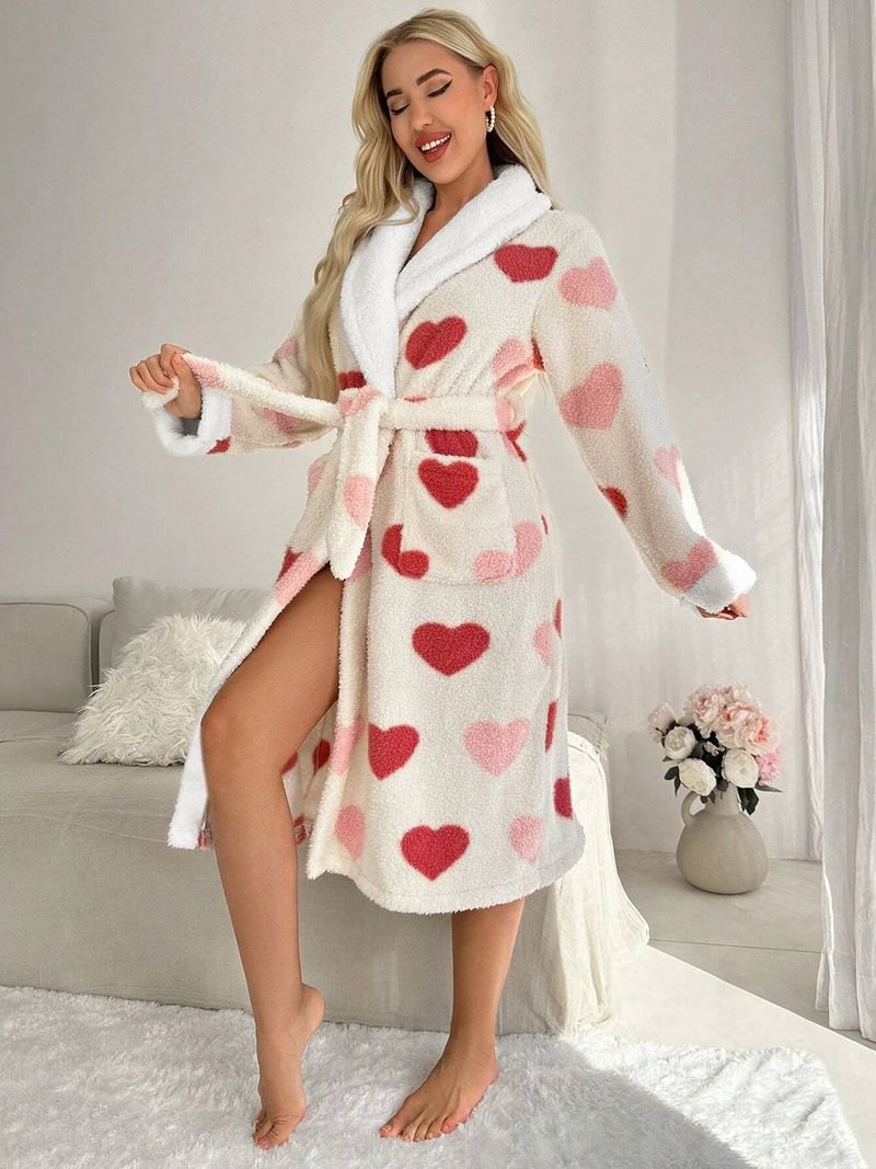 Herfst en winter comfortabele eenvoudige badjas dames pyjama's liefde print loungewear casual nachthemd verdikte bovenkleding_voghion.com
