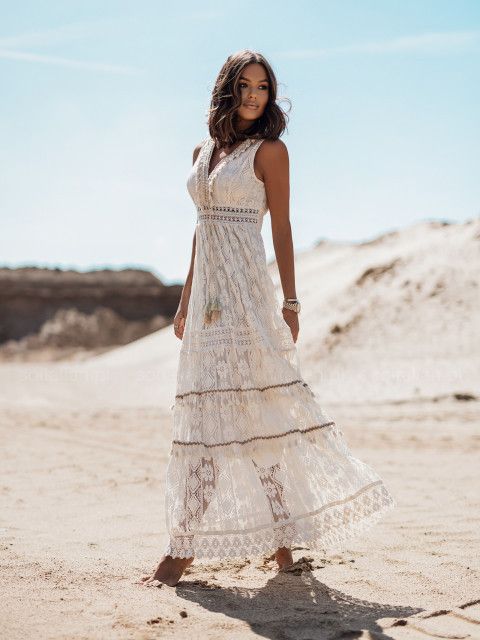 Abito altalena grande con spalline in pizzo da donna lungo elegante bohémien estivo 2023_voghion.com