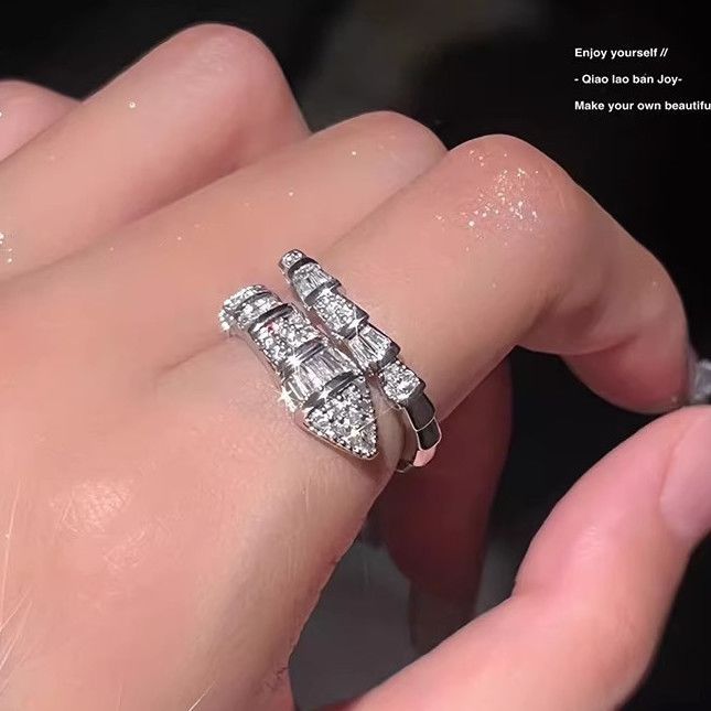Explosiver Schlangenring, Silber, offenes Quadrat, Diamanttextur, Flash Advanced Light Luxury Cool Cold Wind Ring Tide_voghion.com