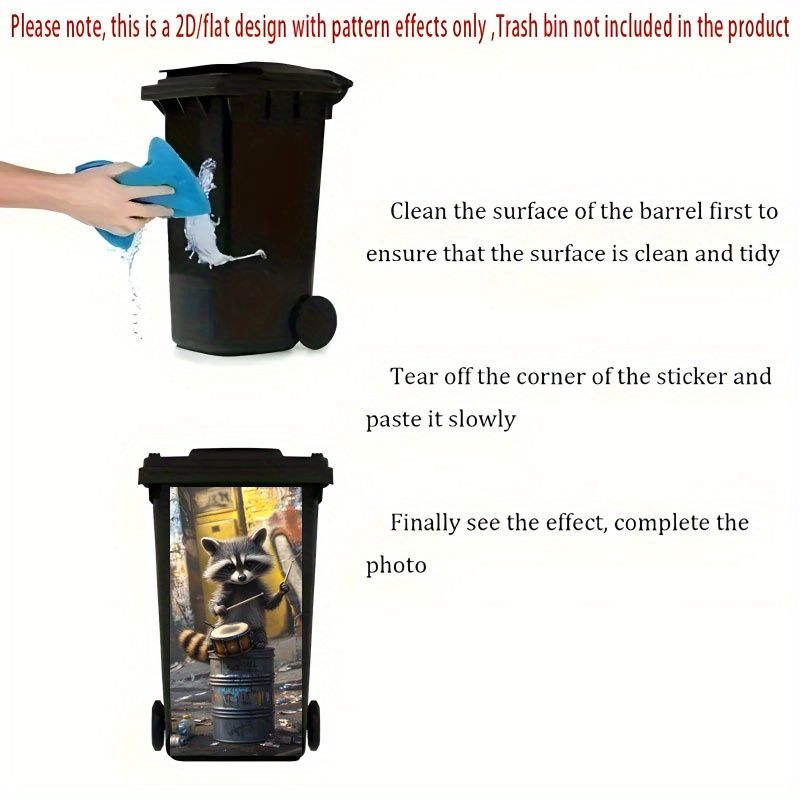 1pc Raccoon Musician Themed Trash Can Sticker 37×82cm - Self-Adhesive Polypropylene Wallpaper With Cartoon Raccoon & Drum Design, Glossy Finish For_voghion.com