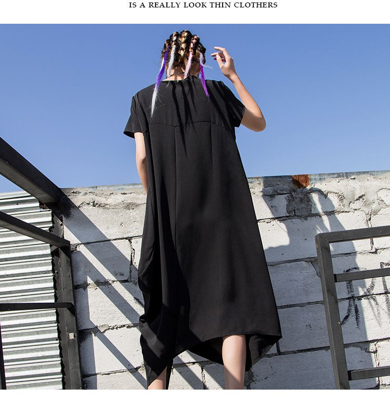 2025 Sommer neuer Reißverschluss Kurzarm dunkel personalisierte große unregelmäßige lange Kleid BF-Stil Damenmode_voghion.com