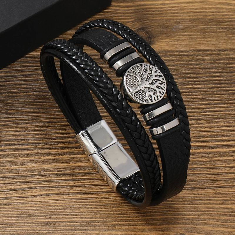 Bracelet en cuir avec fermoir magnétique, 1 pièce, motif arbre de vie, accessoires en alliage, tissé à la main, pour hommes_voghion.com