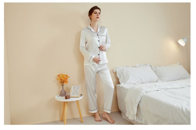 Damen-Nachtwäsche, große Größe, Basic-Pyjama, Damen, Frühling und Sommer, langärmelige Hose, dünne Seide, Freizeit, Zuhause, zweiteiliges Set_voghion.com