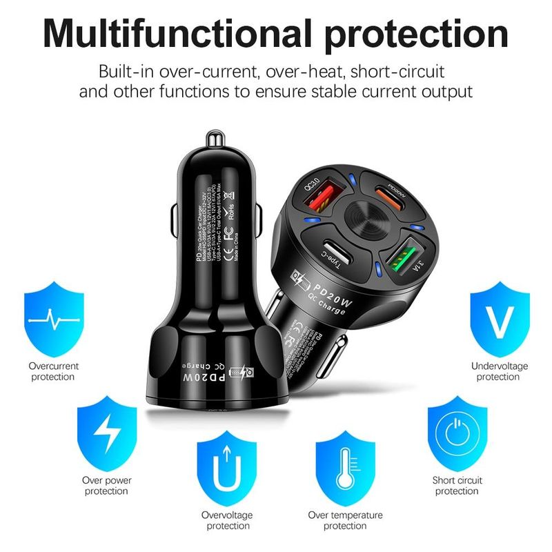 Apvalus dvigubas USB C tipo automobilinis įkroviklis greitam įkrovimui, USB C tipo greitasis įkroviklis PD QC3.0, skirtas „iPhone“, „Samsung“, „Xiaomi“ automobilinio telefono įkroviklio adapteriui HMM_voghion.com