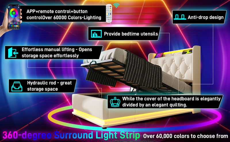 Lit simple 90 x 200 cm en polyuréthane blanc, coffre hydraulique avec éclairage LED panoramique à 360°, commande tactile, application et télécommande, tête de lit capitonnée avec port de charge USB Type-C (matelas non inclus)._voghion.com