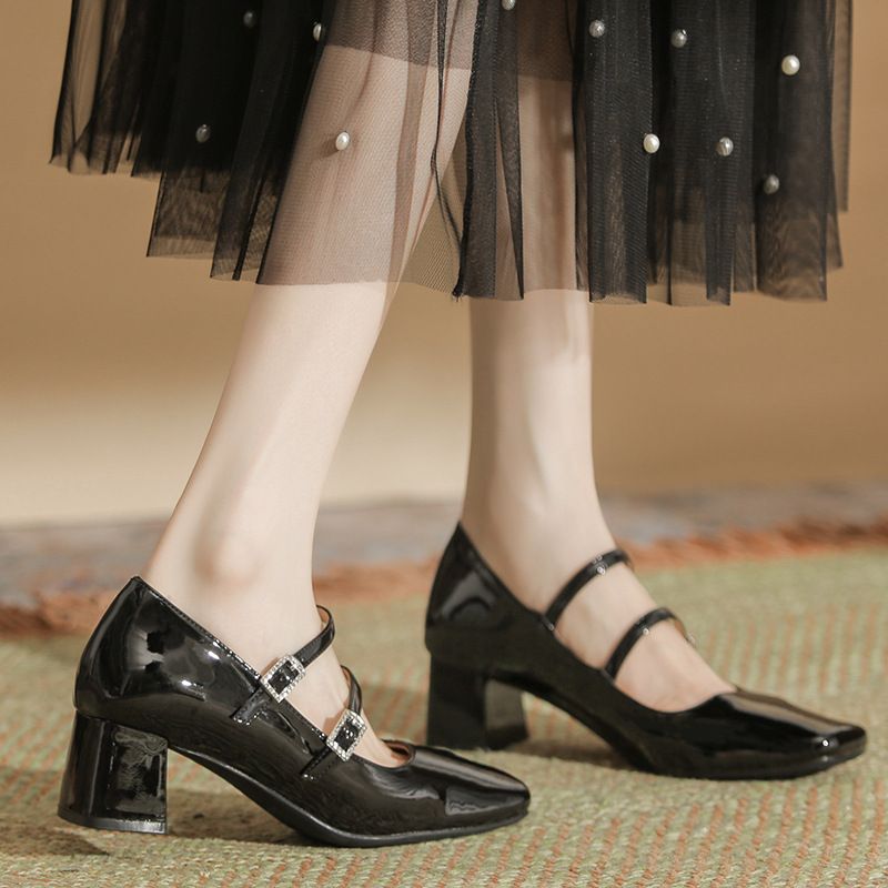 H978-52 Silberne Mary Jane-Schuhe aus Lackleder mit Doppelriemen und 5 cm Blockabsatz, Diamantschnalle, neues Modell_voghion.com