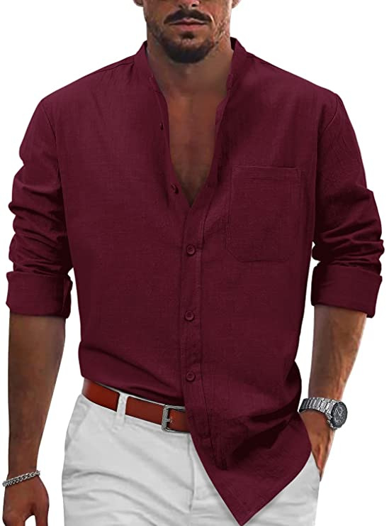 Herren Bestseller Freizeit Schnalle Langarm Baumwolle Leinen Hemd Strand Freizeit_voghion.com