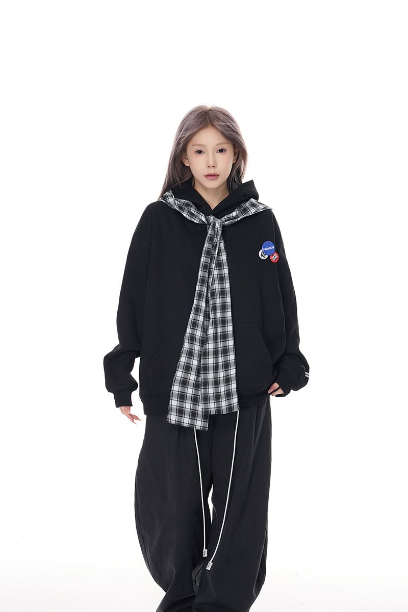 Felpa con cappuccio in due pezzi con stemma a scialle a quadri americani, unisex, stile college, ampia e alla moda, di marca_voghion.com