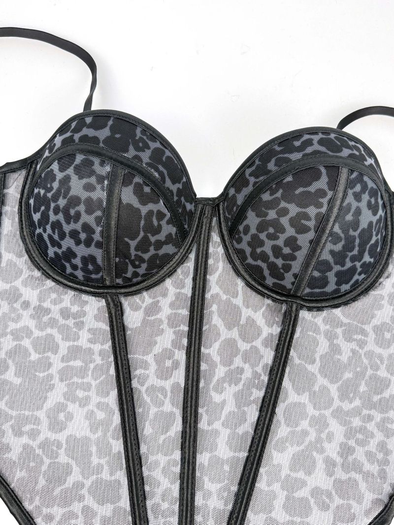 Damenbekleidung Sexy Leoparden-Punktmuster-Spleißen-BH Hosenträger High-End-Innennetzspitze Durchsichtige Oberbekleidung Fischgräten-BH_voghion.com